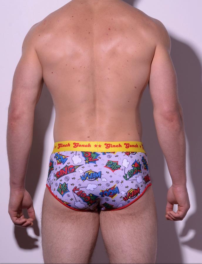 GG Ginch Gonch Under-Man Jockey Y front Brief - Men's Underwear comic-inspired print on gray background with cartoon words. Red trim and yellow printed waistband back