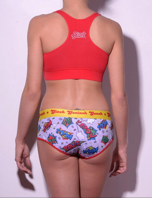 GG Ginch Gonch Under-Man Y front boy cut Brief - women's Underwear comic-inspired print on gray background with cartoon words. Red trim and yellow printed waistband back shown with red sports bra