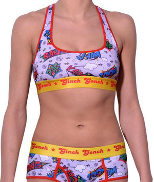 GG Ginch Gonch Under-Man sports bra - women's Underwear comic-inspired print on gray background with cartoon words. Red trim and yellow printed waistband front shown with matching brief