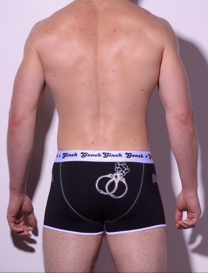 Ginch Gonch Men's Boxer Brief Underwear Trunk,  Police, Book Em, black and blue panels with handcuff detail. White trim and white printed waist band. back