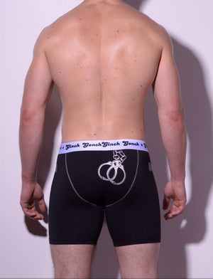 Ginch Gonch Men's Boxer Brief Underwear  Police, Book Em, black and blue panels with handcuff detail. White trim and white printed waist band. Back