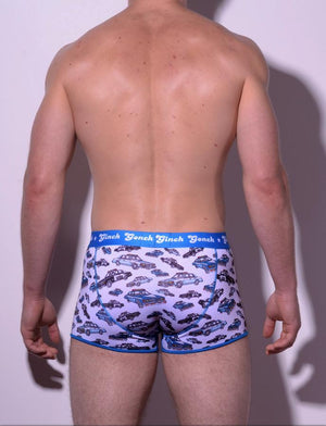 gg ginch gonch Busted boxer brief trunk y front - men's Underwear with cop cars on white fabric with blue trim and printed waistband back