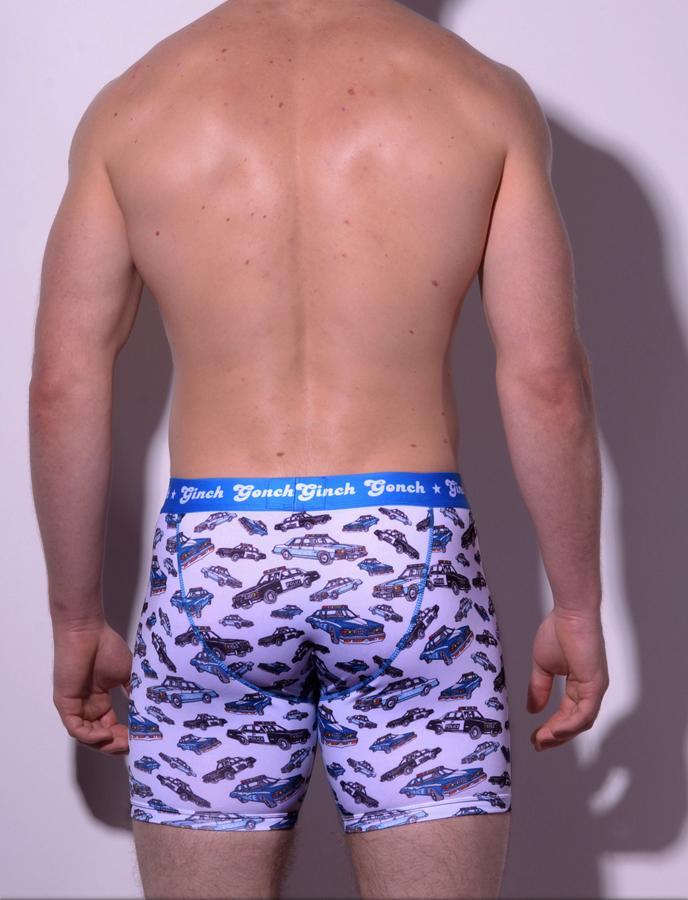 gg ginch gonch Busted boxer brief trunk y front - men's Underwear with cop cars on white fabric with blue trim and printed waistband back