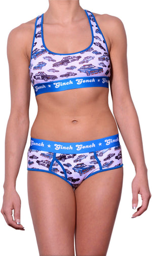 gg ginch gonch Busted boy cut brief y front - Women's Underwear with cop cars on white fabric with blue trim and printed waistband shown with matching sports bra front