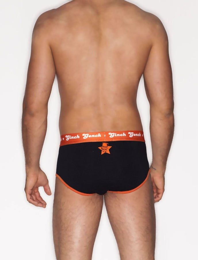 Ginch Gonch Rock Me Men's Brief Underwear black with orange trim binding waistband back orange star