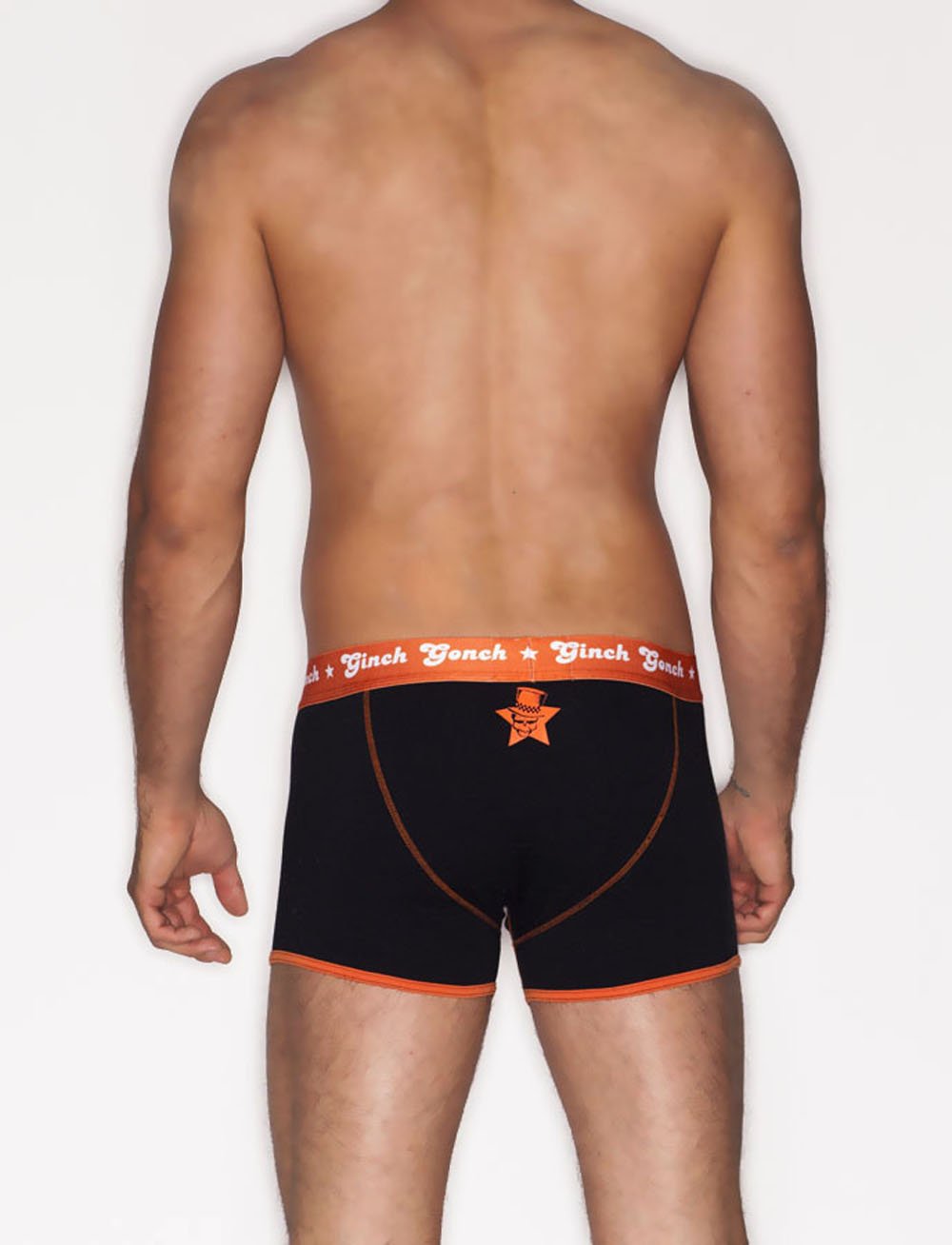 Ginch Gonch Rock Me men's Boxer Brief Trunk Underwear black with orange trim binding waistband front rock and roll Orange star and accents