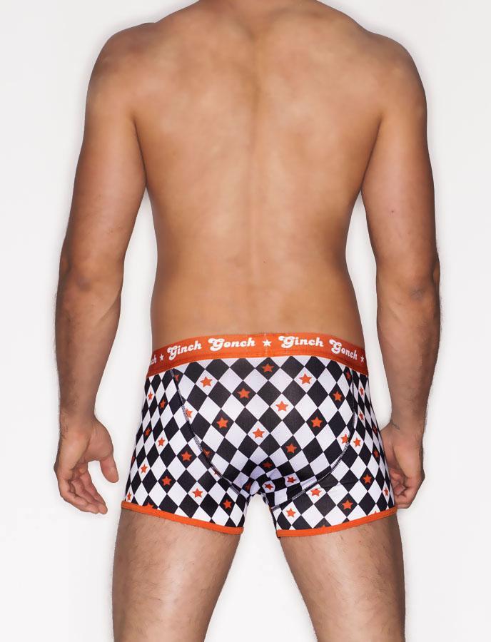 Ginch Gonch Backstage Pass Low Trunk Boxer Brief - Men's Underwear black and white squares checkered orange waistband trim binding back