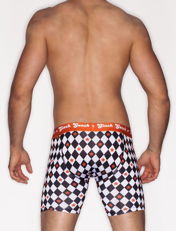 Ginch Gonch Backstage Pass Boxer Brief - Men's Underwear black and white squares checkered orange waistband trim binding back