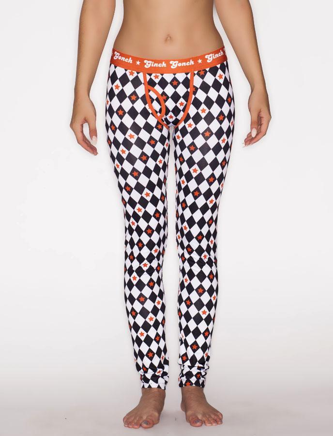 Ginch Gonch Backstage Pass Leggings - Women's Underwear black and white squares checkered orange waistband trim binding front