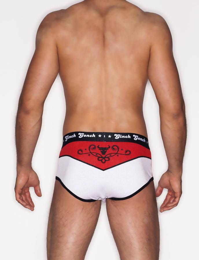 Ginch Gonch El Toro jockey brief men's underwear, red and white panels with bull and western detail, black trim and printed waistband back