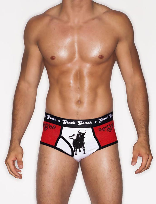 Ginch Gonch El Toro jockey brief men's underwear, red and white panels with bull and western detail, black trim and printed waistband front