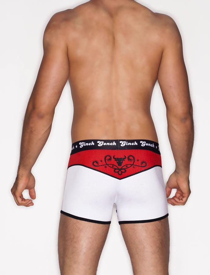 Ginch Gonch El Toro Men's trunk, boxer brief. Men's underwear, white with red accents bull  and western detail, black trim and printed waistband back