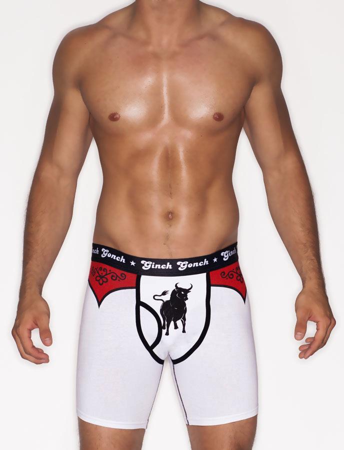 Ginch Gonch El Toro Men's trunk, boxer brief. Men's underwear, white with red accents bull  and western detail, black trim and printed waistband front