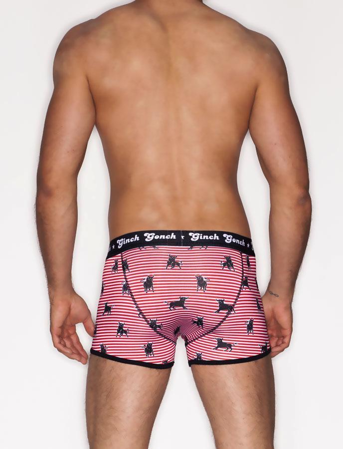 Ginch Gonch Wild Bulls Trunk Boxer Brief Men's Underwear Red and white Stripes  with black bulls black trim and black printed waistband back