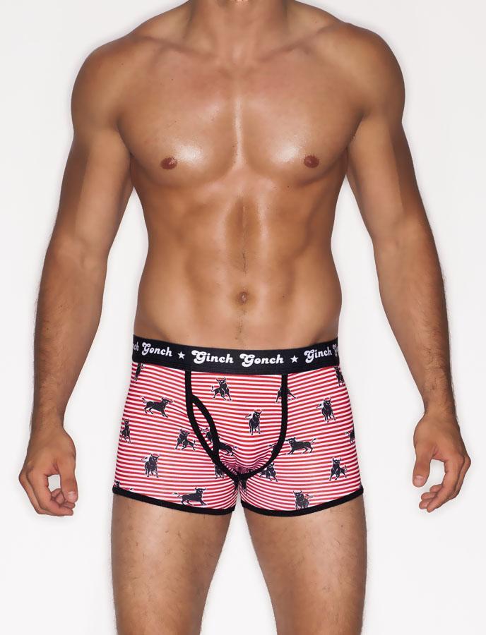Ginch Gonch Wild Bulls Trunk Boxer Brief Men's Underwear Red and white Stripes  with black bulls black trim and black printed waistband front 