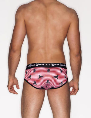 Ginch Gonch Wild Bulls Low Rise Brief Men's Underwear Red and white Stripes  with black bulls black trim and black printed waistband back