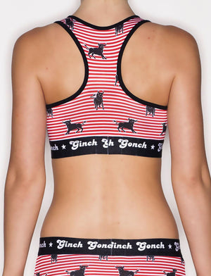 Ginch Gonch Wild Bulls Women's Underwear Sports Bra Red and white Stripes  with black bulls black trim and black printed waistband back