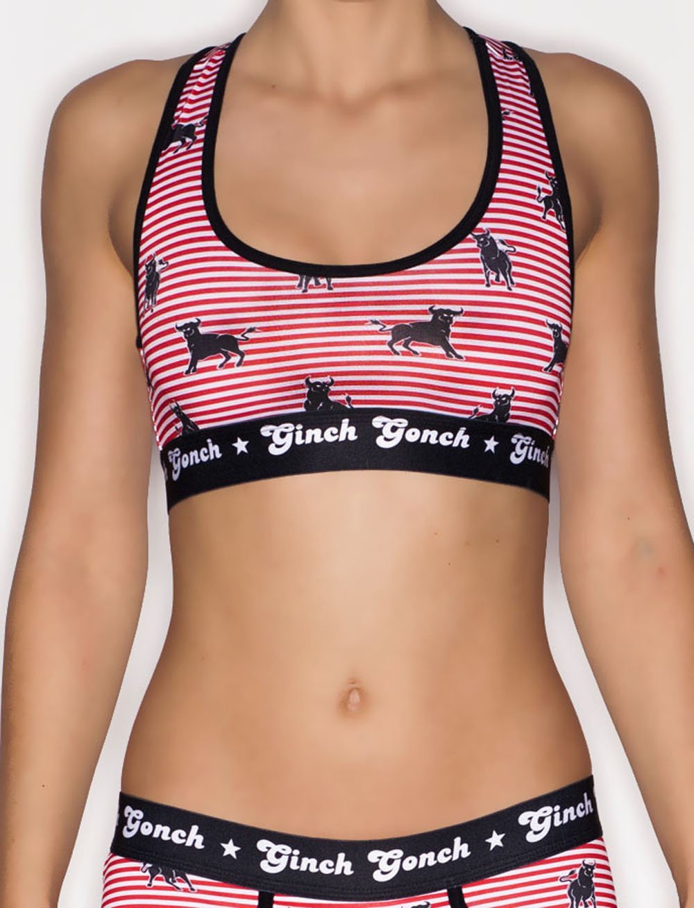 Ginch Gonch Wild Bulls Women's Underwear Sports Bra Red and white Stripes  with black bulls black trim and black printed waistband front 
