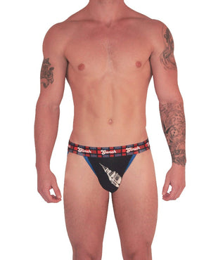 Ginch Gonch Men's Jock London Calling black blue and red underwear plaid waistband black and blue trim binding big ben front
