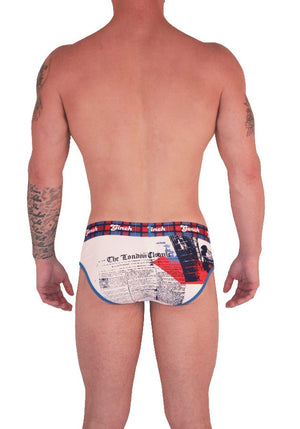 Ginch Gonch Men's Low Rise Brief Underwear London Calling white blue and red underwear plaid waistband black and blue trim binding big ben back