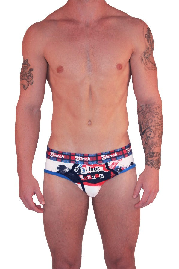 Ginch Gonch Men's Low Rise Brief Underwear London Calling white blue and red underwear plaid waistband black and blue trim binding big ben front