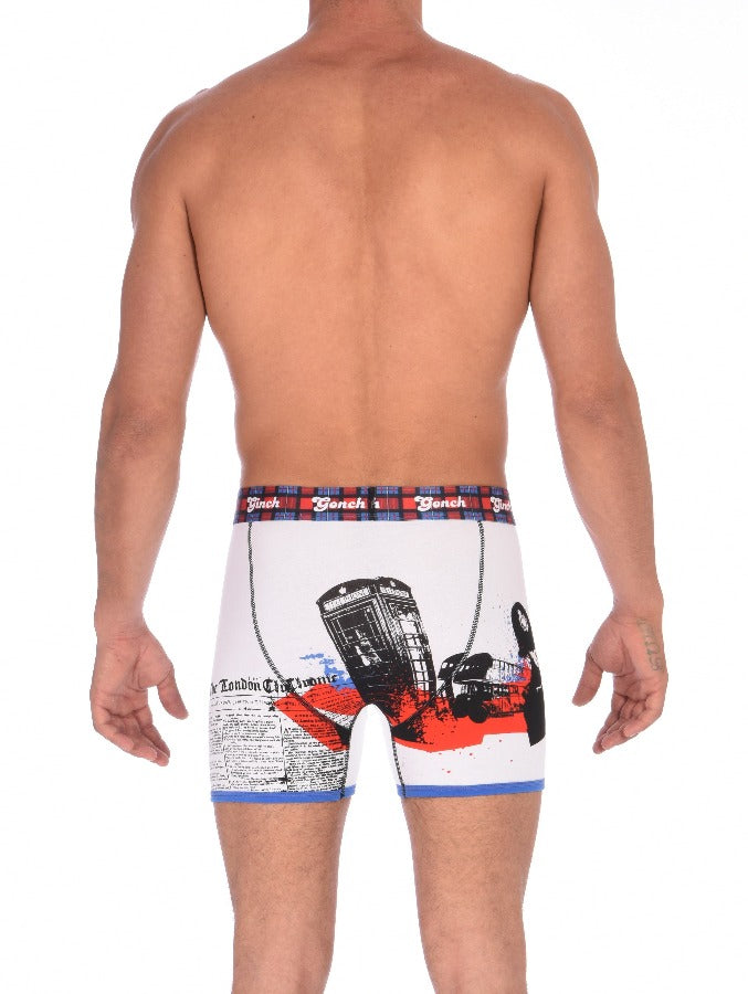 Ginch Gonch Men's Boxer Brief Trunk London Calling blue and red underwear white background plaid waistband black and blue trim binding big ben london eye