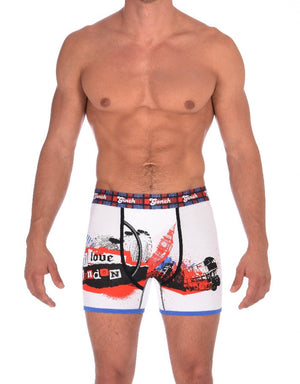 Ginch Gonch Men's Boxer Brief Trunk London Calling blue and red underwear white background plaid waistband black and blue trim binding big ben london eye