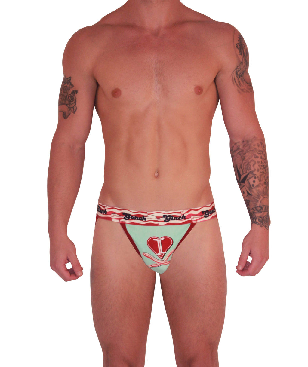I Love Bacon Brief Ginch Gonch Men's underwear jock with white teal and red, and bacon detail and waistband front