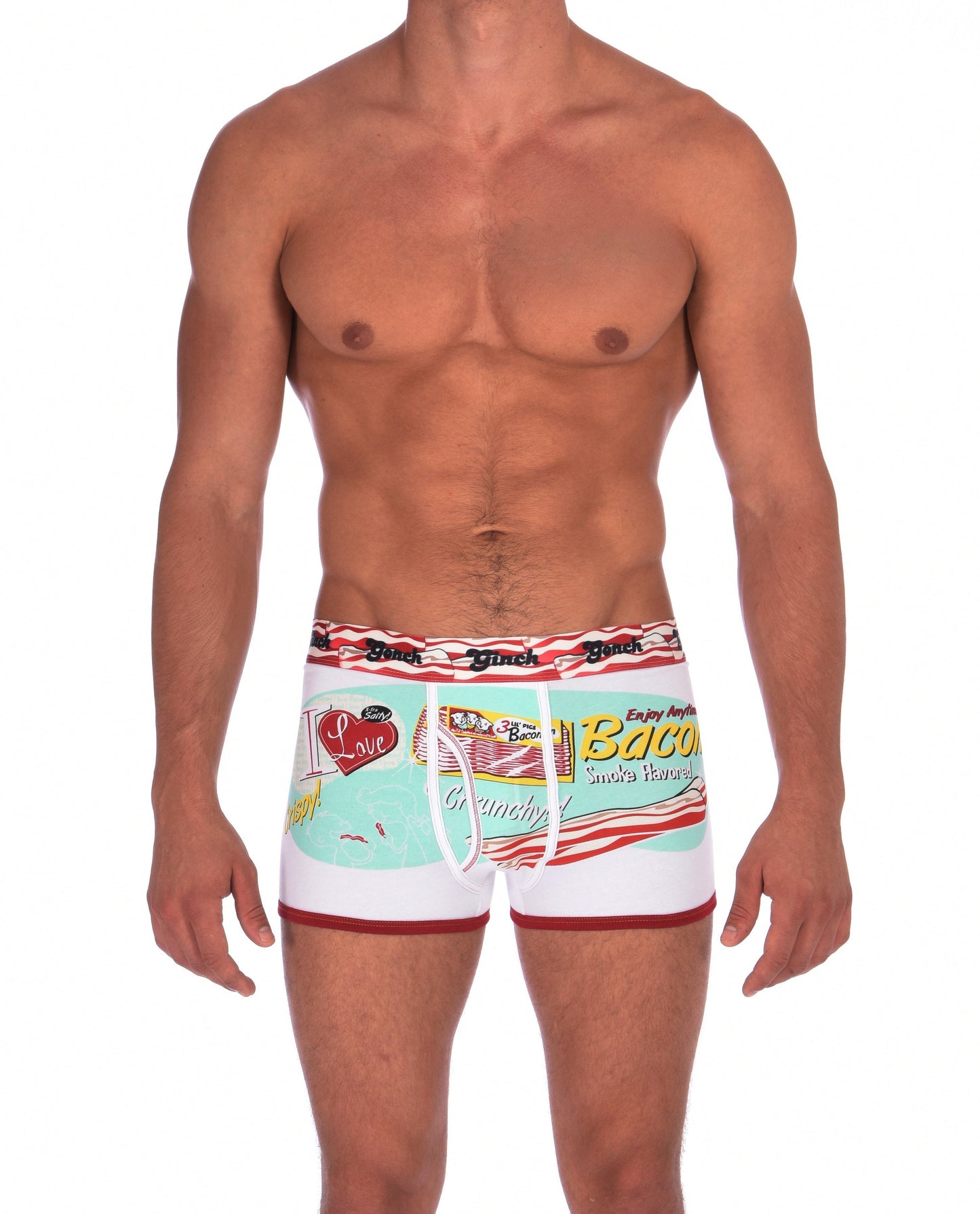 I Love Bacon Trunk Boxer Brief Ginch Gonch Men's underwear with white teal and bacon detail red trim front bacon waistband