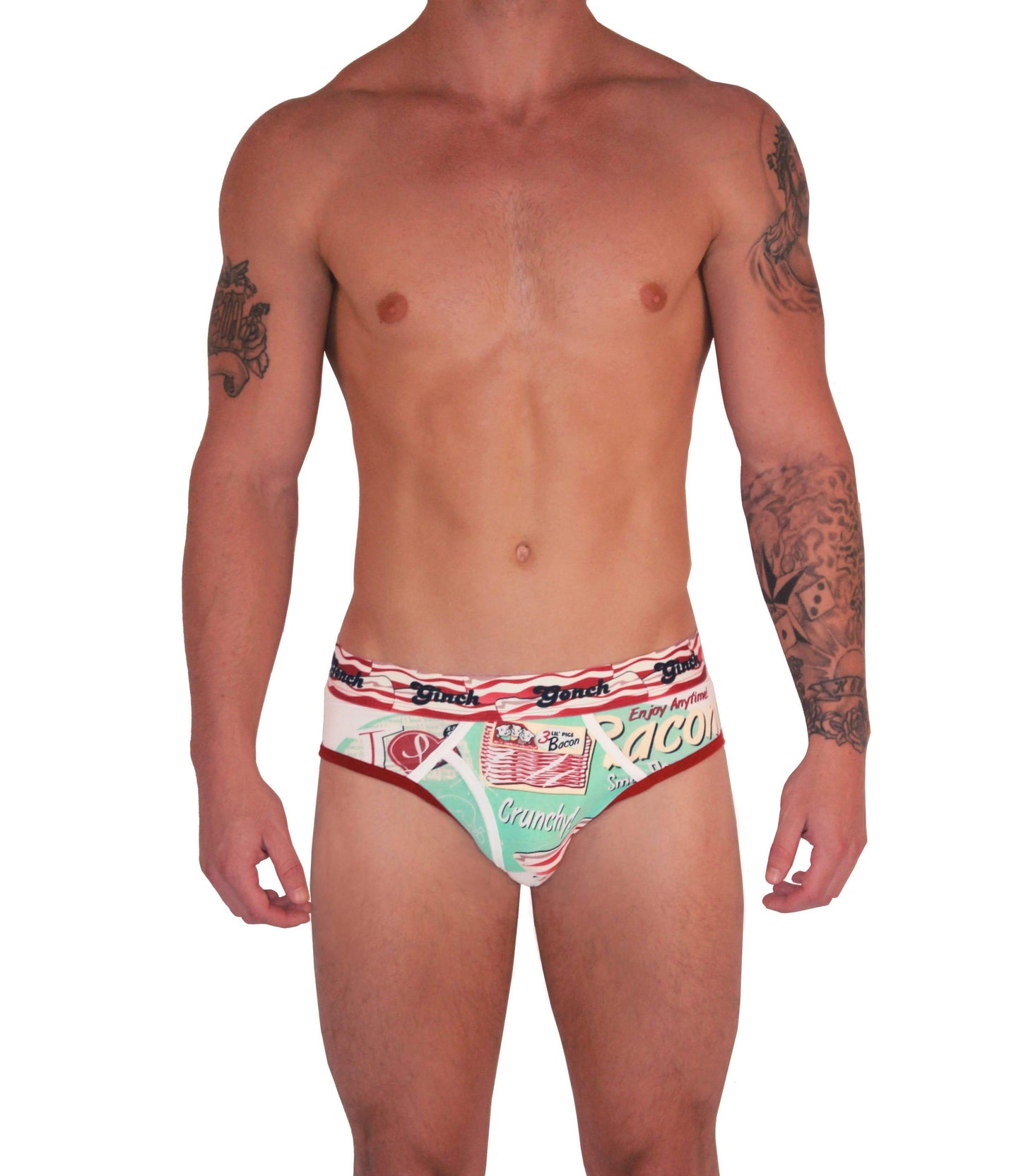 I Love Bacon Boxer Low Rise Brief Ginch Gonch Men's underwear with white teal and bacon detail front