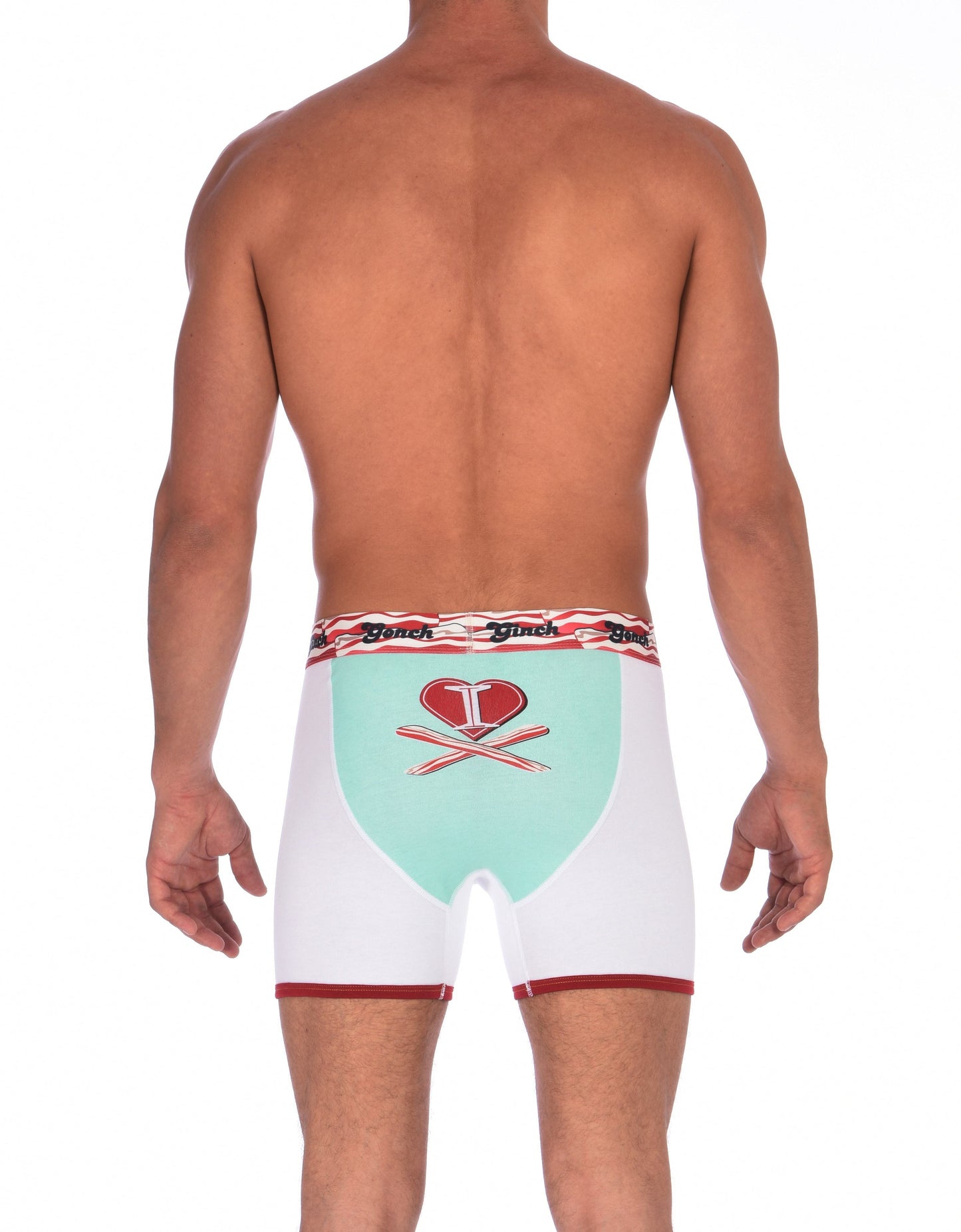I Love Bacon Boxer Brief Ginch Gonch Men's underwear boxer brief trunk with white teal and bacon detail back