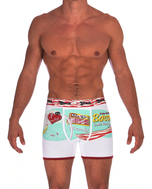 I Love Bacon Boxer Brief Ginch Gonch Men's underwear boxer brief trunk with white teal and bacon detail front