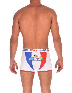 GG Ginch Gonch I Love Paris Boxer Brief - Men's Underwear white fabric with scene of french flag and french person red and white trim and white printed waistband back