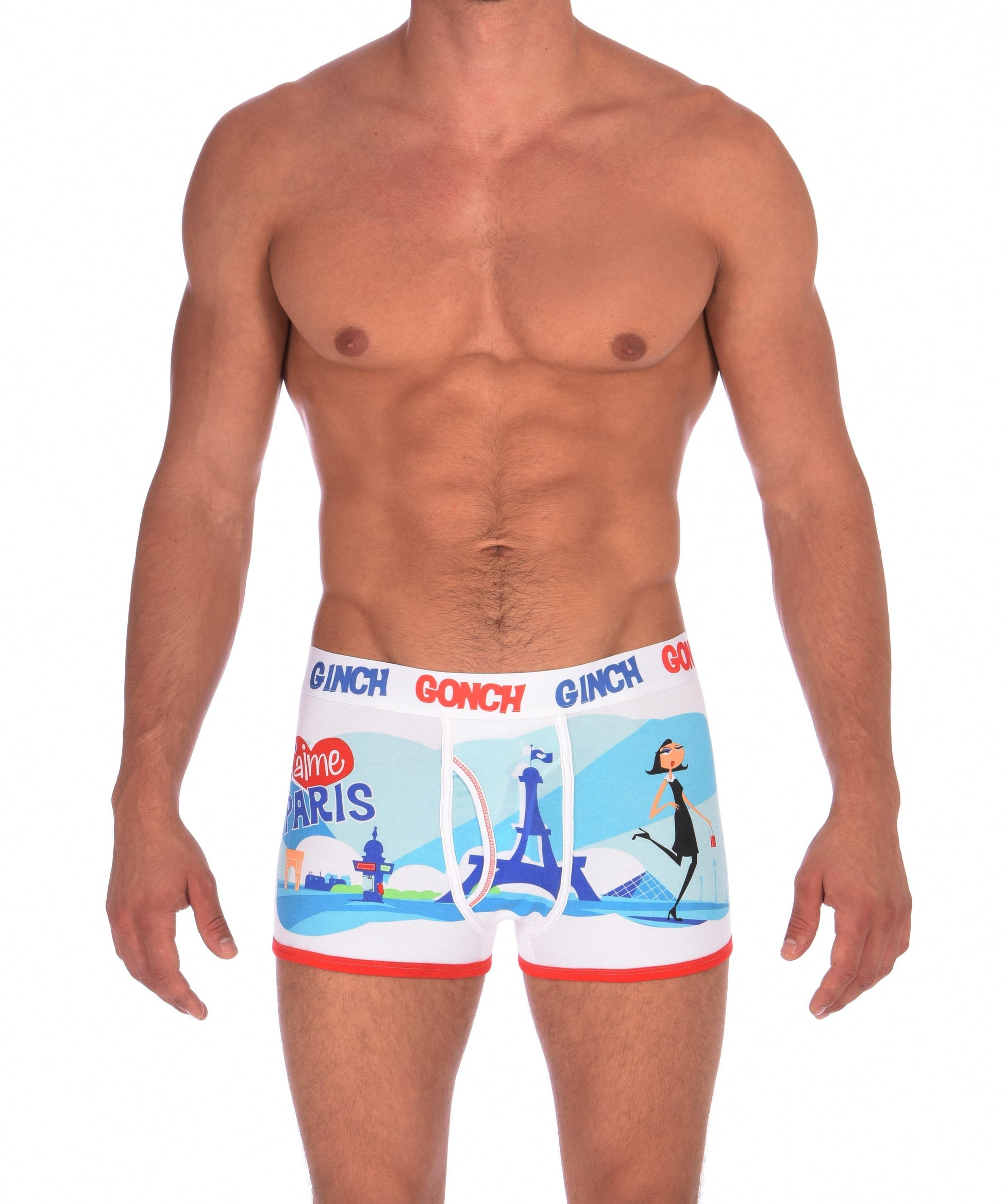 GG Ginch Gonch I Love Paris Boxer Brief trunk - Men's Underwear white fabric with scene of eiffel tower and french person red and white trim and white printed waistband front