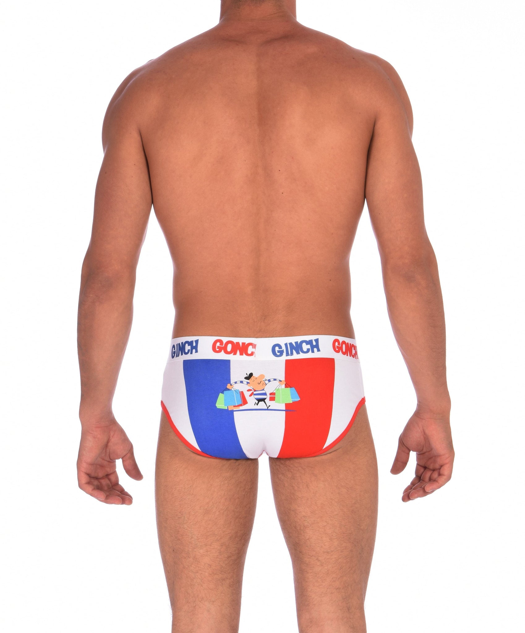 GG Ginch Gonch I Love Paris Low rise Brief - Men's Underwear white fabric with scene of french flag and french person red and white trim and white printed waistband back