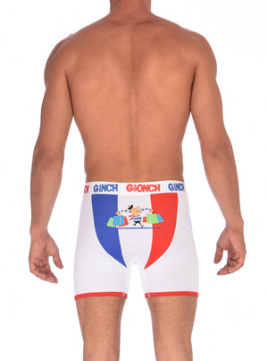 GG Ginch Gonch I Love Paris Boxer Brief - Men's Underwear white fabric with scene of french flag and french person red and white trim and white printed waistband front