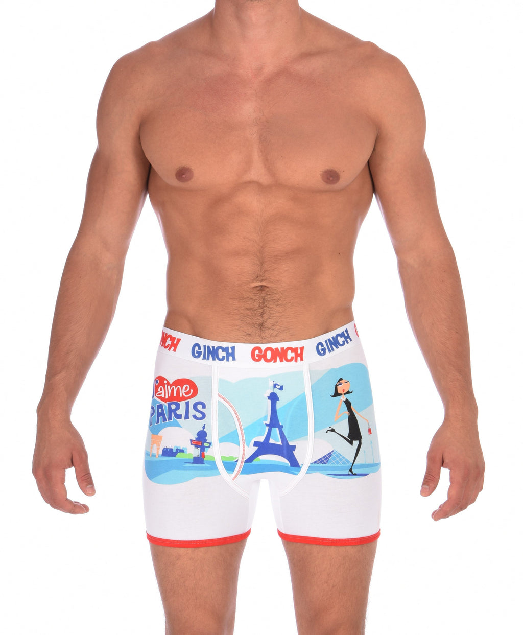 GG Ginch Gonch I Love Paris Boxer Brief - Men's Underwear white fabric with scene of eiffel tower and french person red and white trim and white printed waistband front