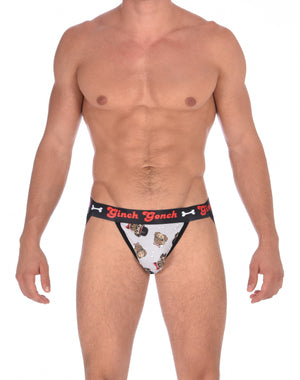 GG Ginch Gonch Pug Life jock strap - men's Underwear grey background with pugs with top hats and bow ties and bones. Black trim and y front with black printed waistband front. 