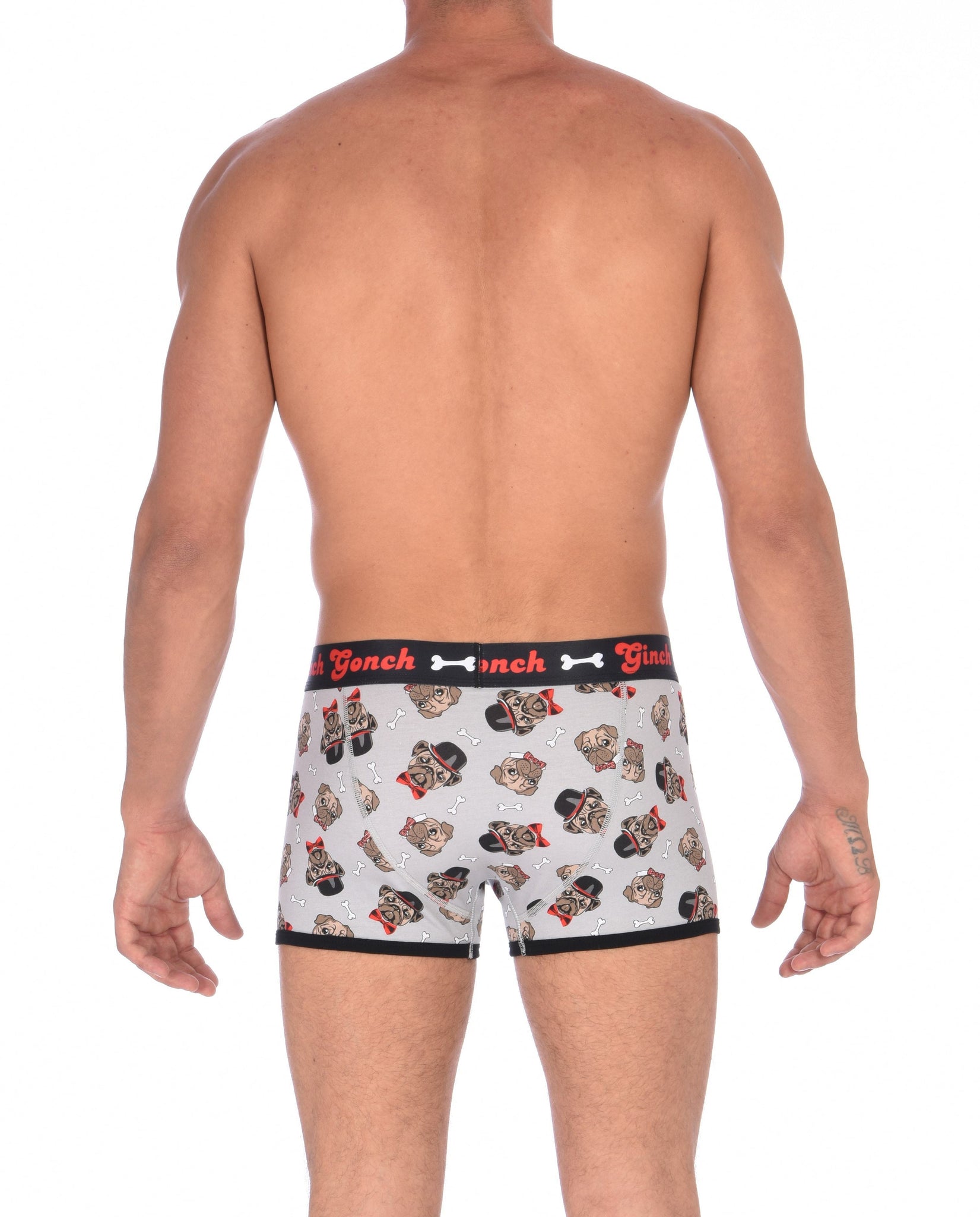 GG Ginch Gonch Pug Life Boxer Brief trunk - Men's Underwear grey background with pugs with top hats and bow ties and bones. Black trim with black printed waistband back