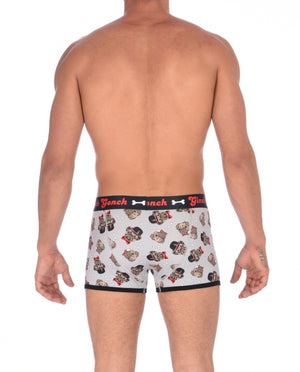 GG Ginch Gonch Pug Life Boxer Brief trunk - Men's Underwear grey background with pugs with top hats and bow ties and bones. Black trim with black printed waistband back