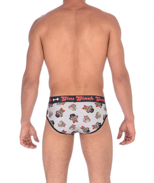 GG Ginch Gonch Pug Life low rise brief y front Brief trunk - Men's Underwear grey background with pugs with top hats and bow ties and bones. Black trim with black printed waistband back