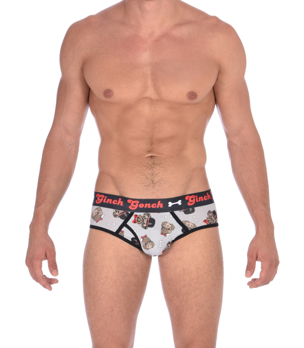 GG Ginch Gonch Pug Life low rise brief y front Brief trunk - Men's Underwear grey background with pugs with top hats and bow ties and bones. Black trim with black printed waistband front. 