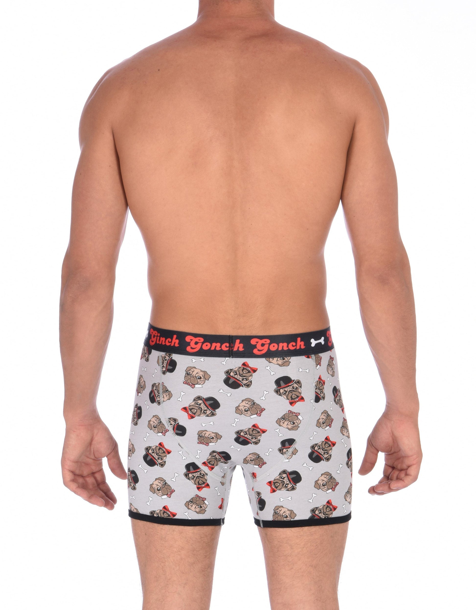 GG Ginch Gonch Pug Life Boxer Brief trunk - Men's Underwear grey background with pugs with top hats and bow ties and bones. Black trim with black printed waistband back