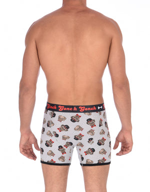 GG Ginch Gonch Pug Life Boxer Brief trunk - Men's Underwear grey background with pugs with top hats and bow ties and bones. Black trim with black printed waistband back