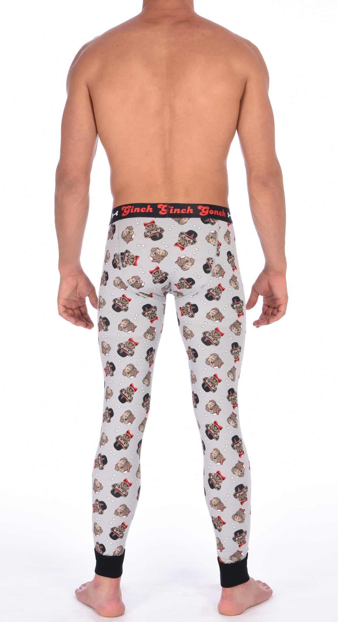 GG Ginch Gonch Pug Life leggings long johns - men's Underwear grey background with pugs with top hats and bow ties and bones. Black trim and y front with black printed waistband back