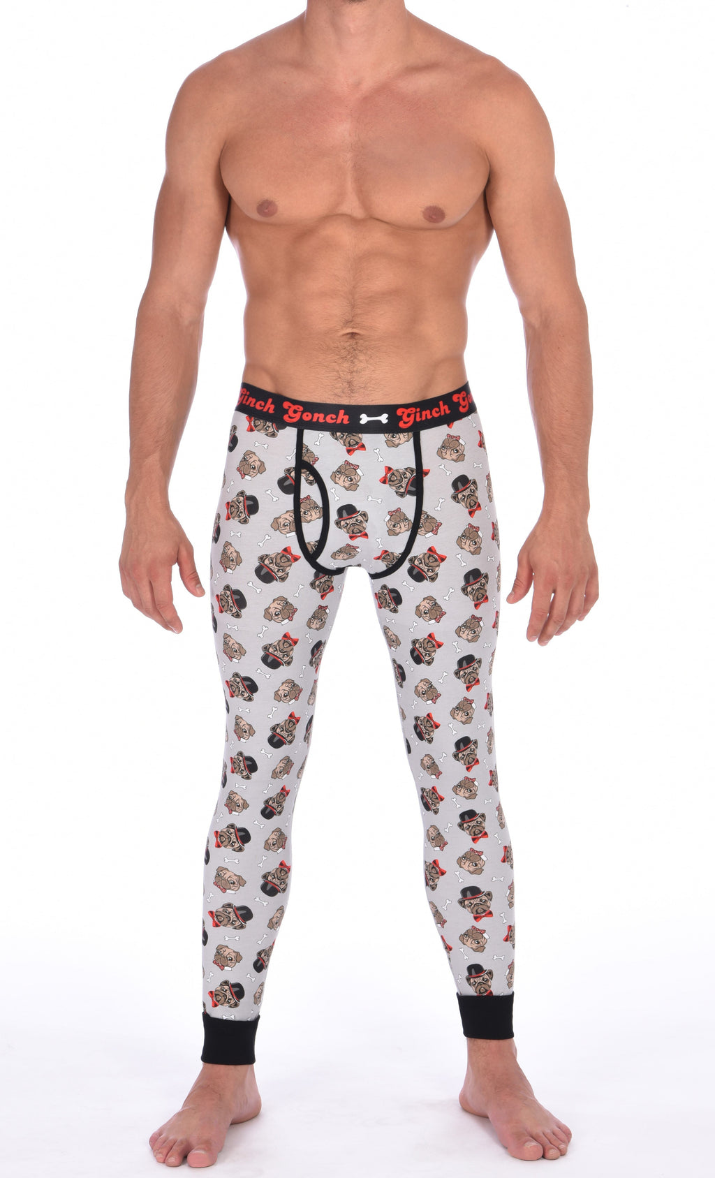 GG Ginch Gonch Pug Life leggings long johns - men's Underwear grey background with pugs with top hats and bow ties and bones. Black trim and y front with black printed waistband front. 