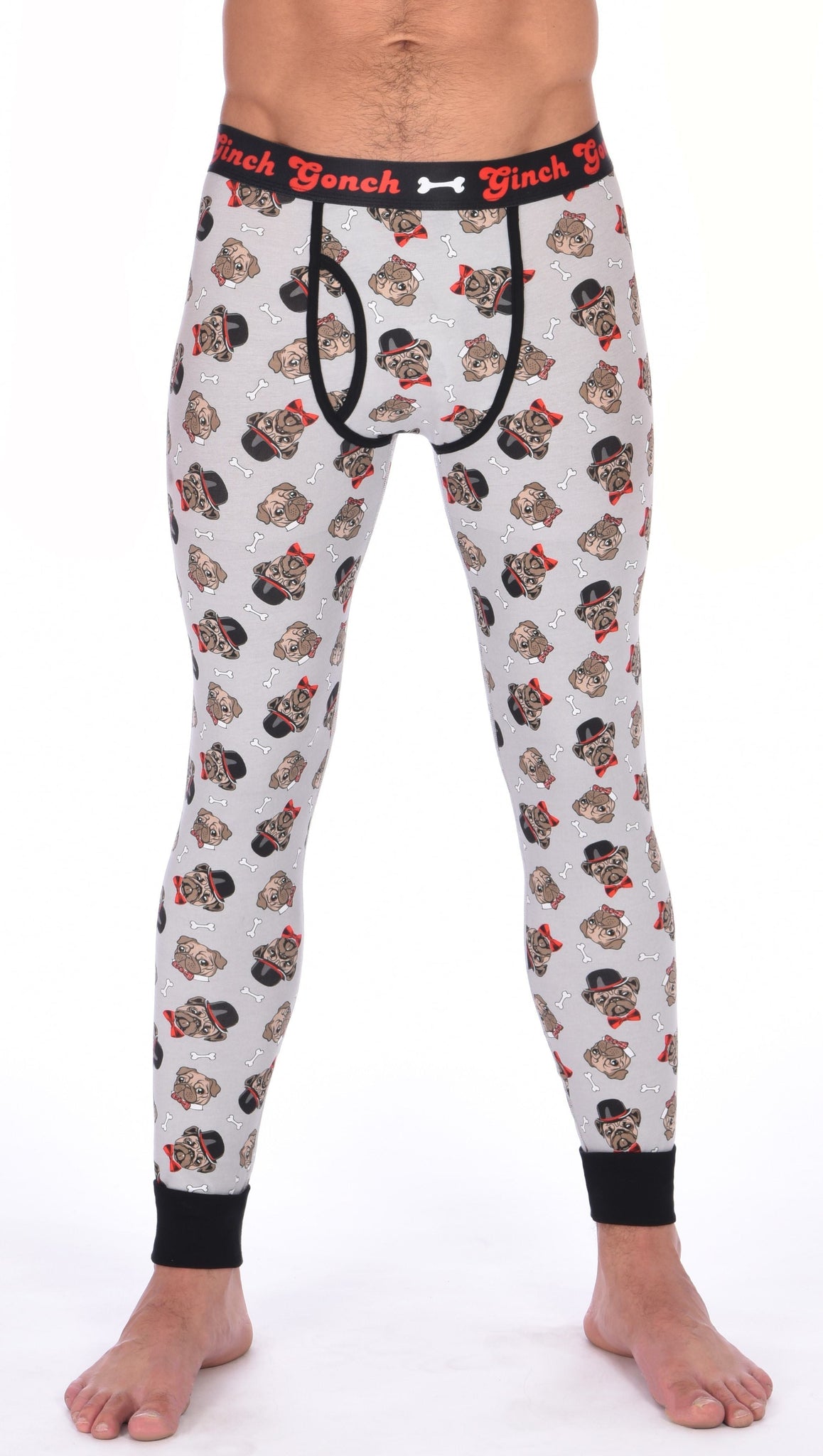 GG Ginch Gonch Pug Life leggings long johns - men's Underwear grey background with pugs with top hats and bow ties and bones. Black trim and y front with black printed waistband front.