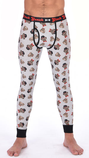 GG Ginch Gonch Pug Life leggings long johns - men's Underwear grey background with pugs with top hats and bow ties and bones. Black trim and y front with black printed waistband front.