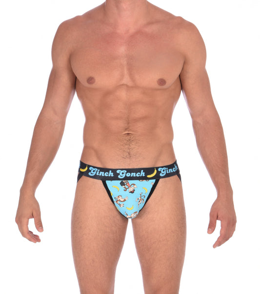Ginch Gonch Monkey Business Men's Underwear Jock Strap, with blue background, monkeys, and bananas. Black trim and printed waistband with Ginch Gonch and bananas. Front