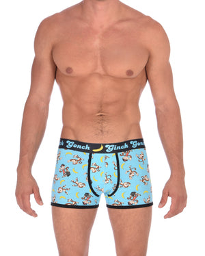 Ginch Gonch Monkey Business Men's Underwear Boxer Brief, Trunk, with blue background, monkeys, and bananas. Black trim and printed waistband with Ginch Gonch and bananas. Front
